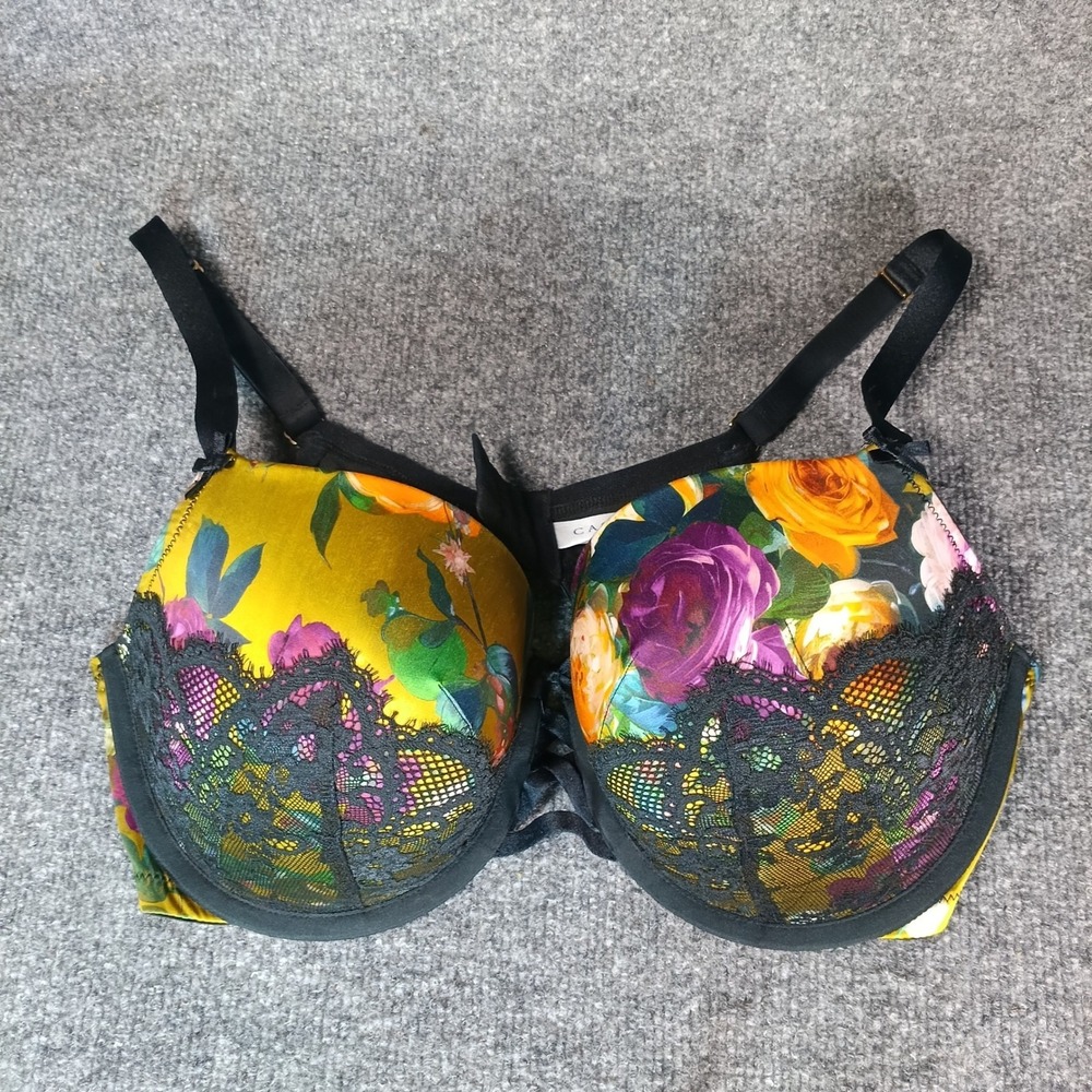 Cacique Balconette Bra Womens 40DD Black Yellow Floral Lace Overlay Underwire